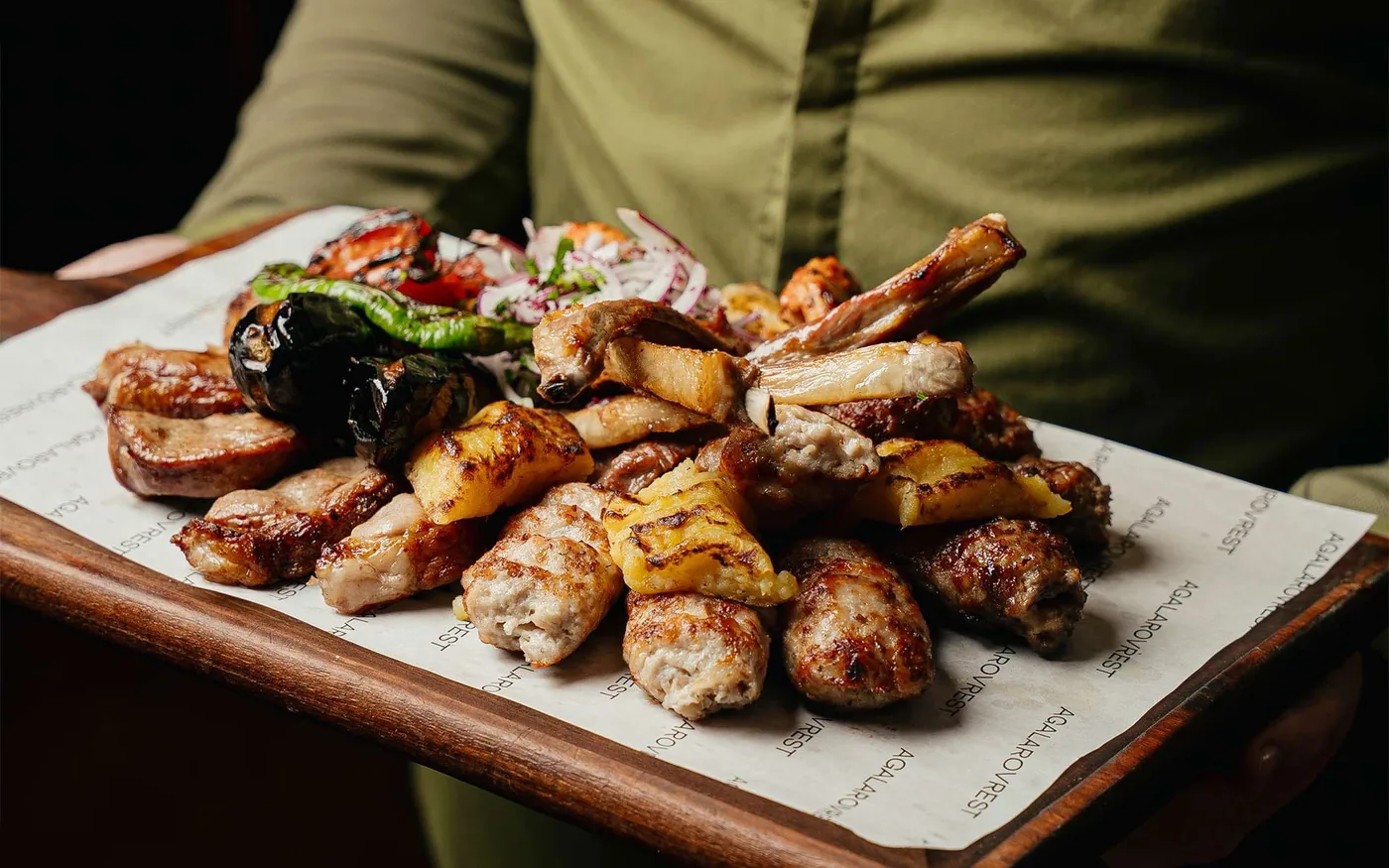 An assortment of shashlik on a board